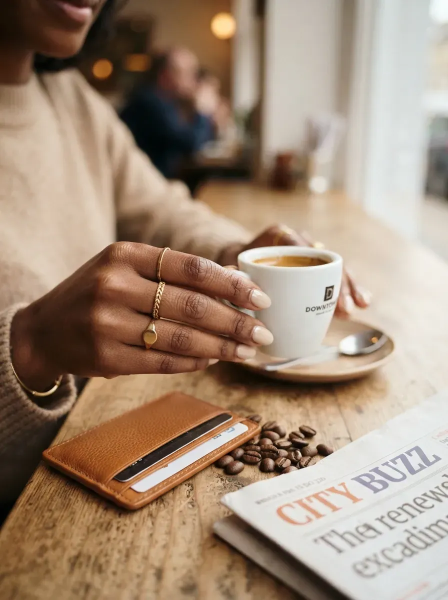 Tiny espresso brown French tips on short oval nails with warm brown skin