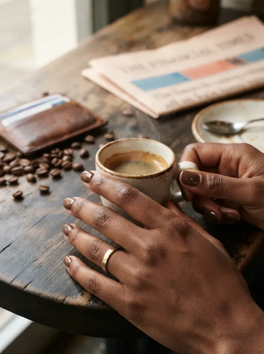 Short round nails with fine espresso French tips on rich brown skin