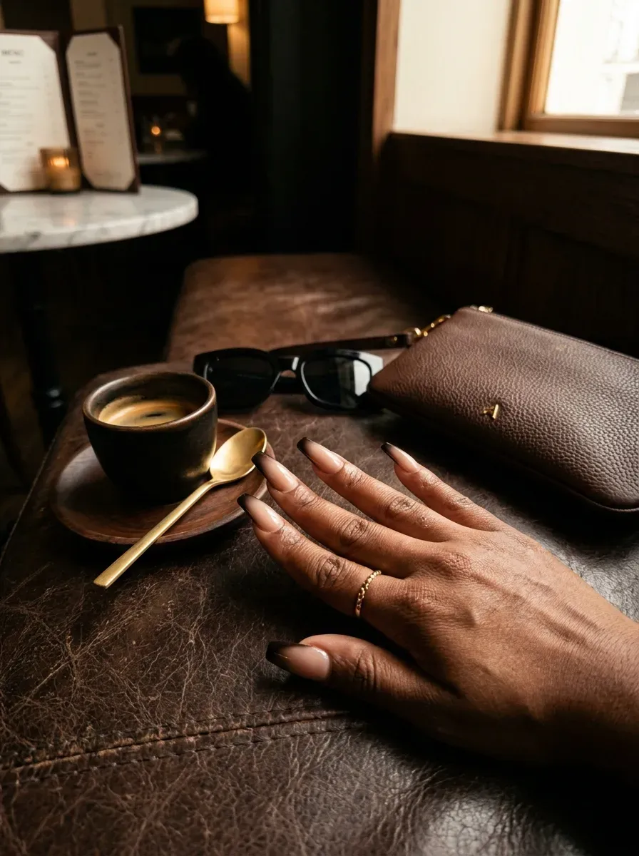 Espresso brown French ombré fading into nude coffin nails