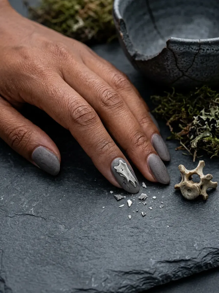 Close-up of a white bone fragment nail accent on warm brown skin