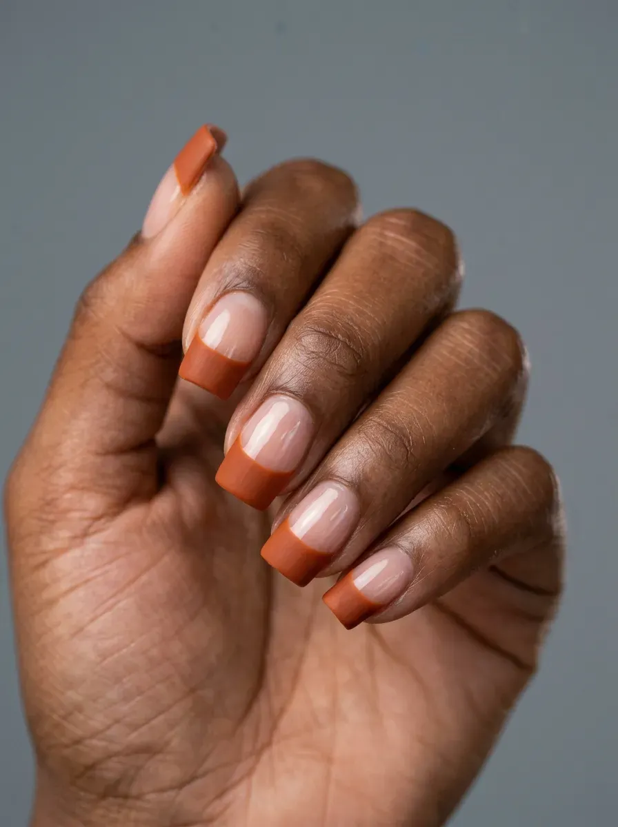 Wide, extended burnt orange French tip covering nearly half the nail