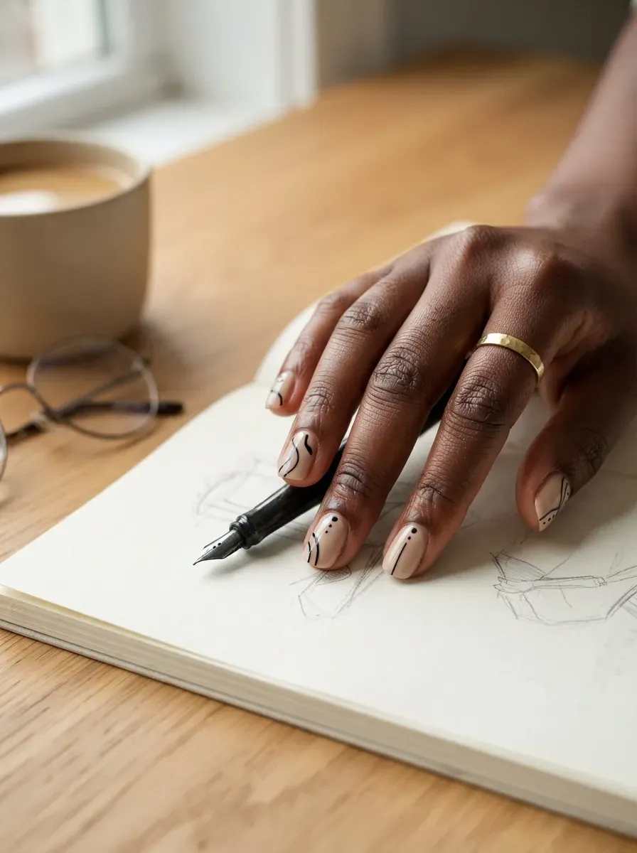 Short beige nails with minimalist black line art on deep chestnut skin