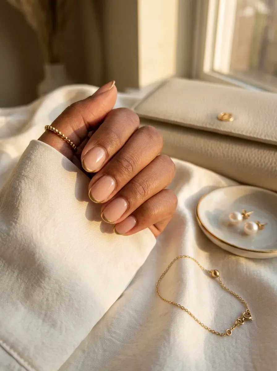 Ultra thin gold French tips on sheer nude short oval nails