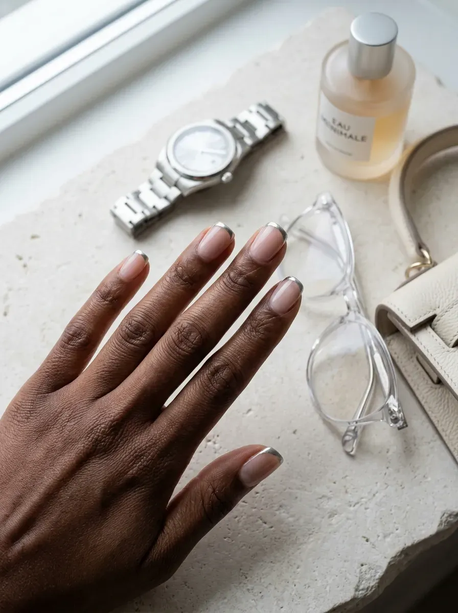 Thin silver French tips on sheer pink squoval nails with deep skin