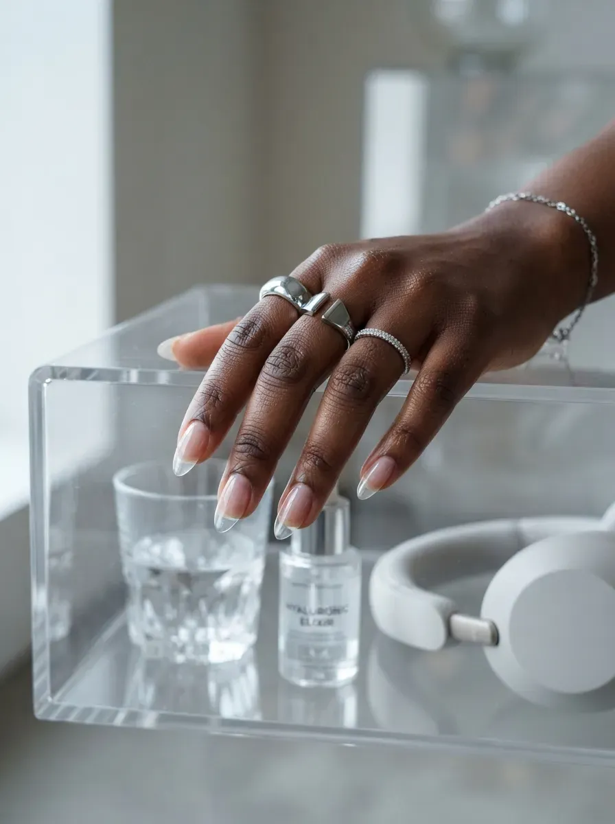 Clear almond nails with white curved lines floating above transparent nail tips
