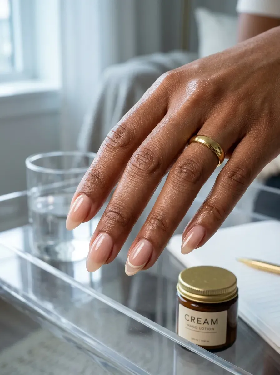 Clear nude nails with fine ivory lines floating above natural free edges