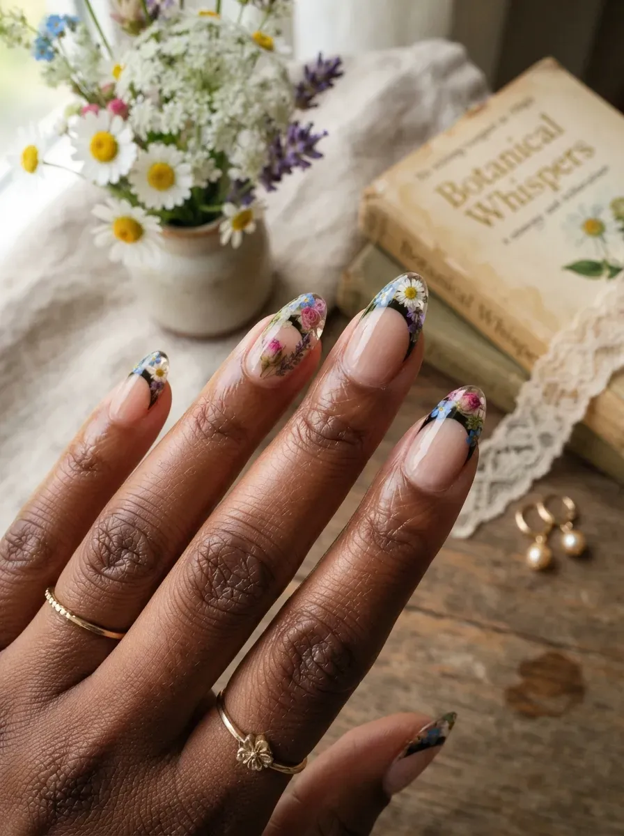 Tiny flowers filling deep French tips on almond nails with chestnut skin