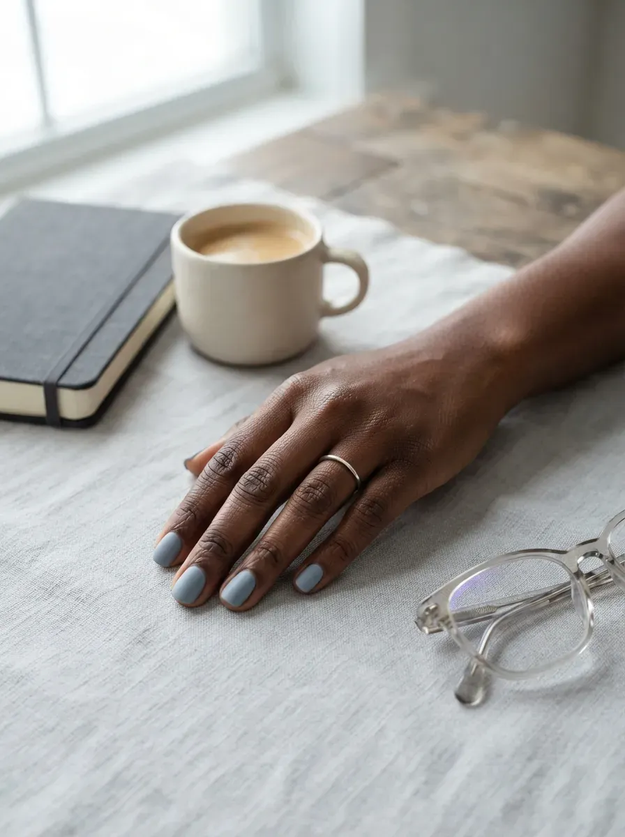 Soft fog blue short nails on deep chestnut skin with gray accessories