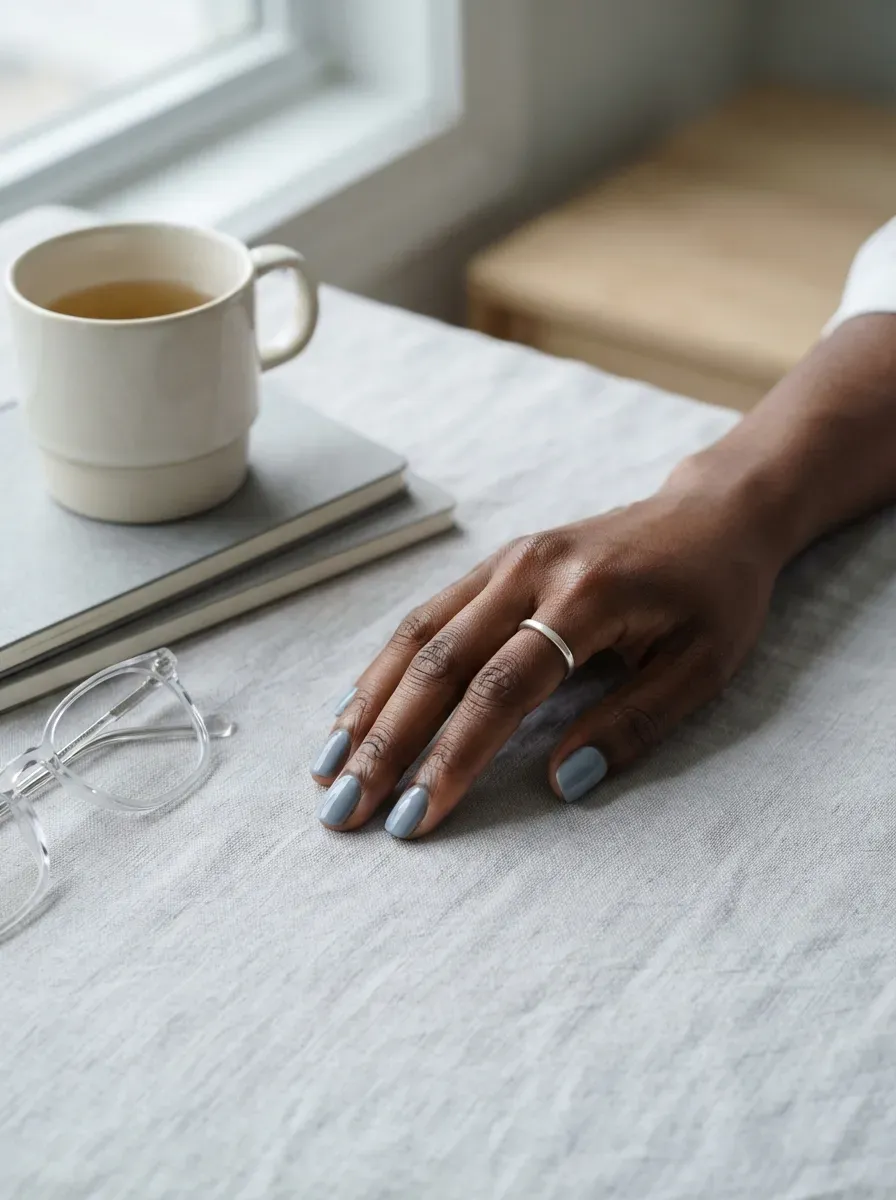 Soft fog gray blue nails on deep chestnut skin with silver accessories