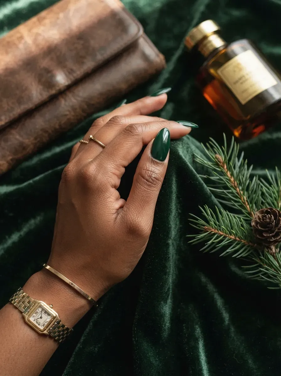 Forest green deep French tips on almond nails with brown skin