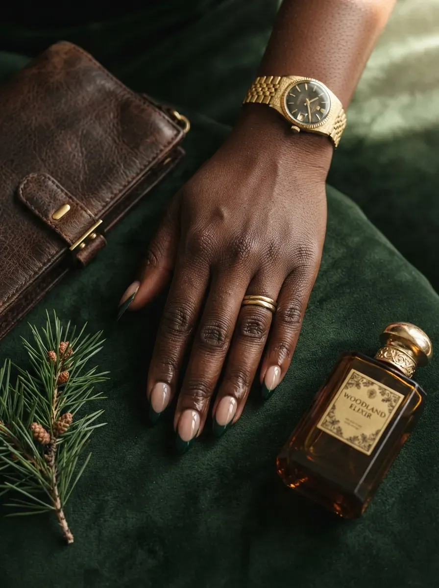 Long almond nails with deep forest green French tips on dark skin