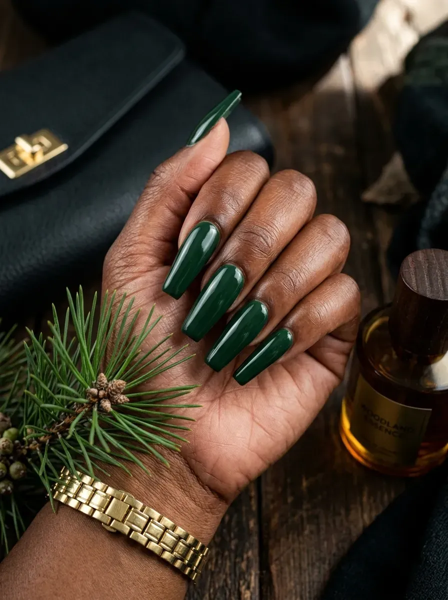 Long coffin nails painted glossy forest green on deep chestnut skin