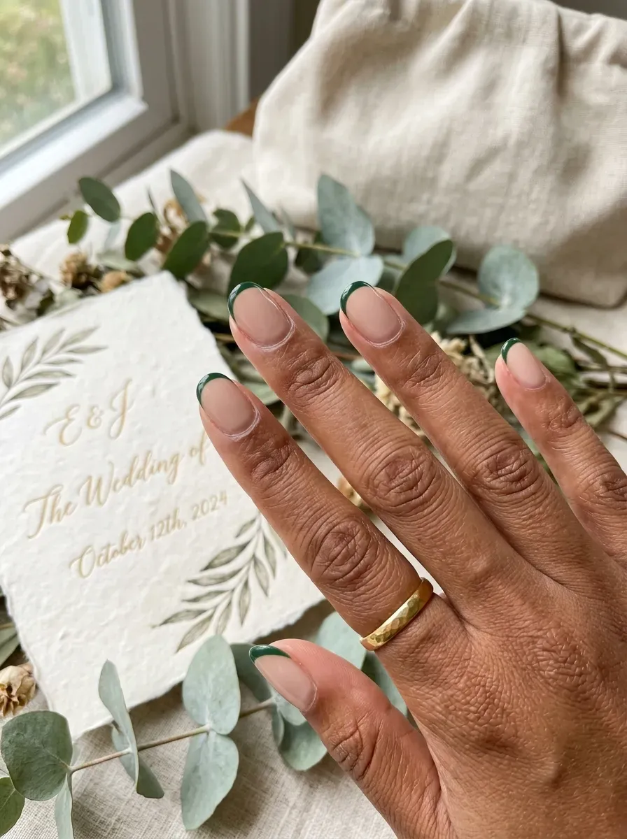 Short nude nails with forest green micro French tips on brown skin