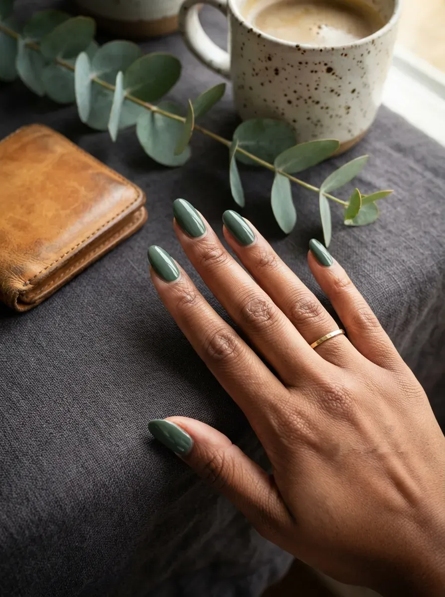 Medium forest sage nails on brown skin with earthy neutral styling