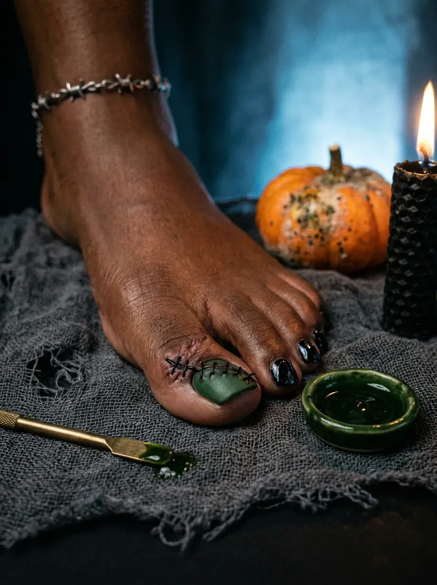 Green big toe with black stitched accent and dark smaller nails