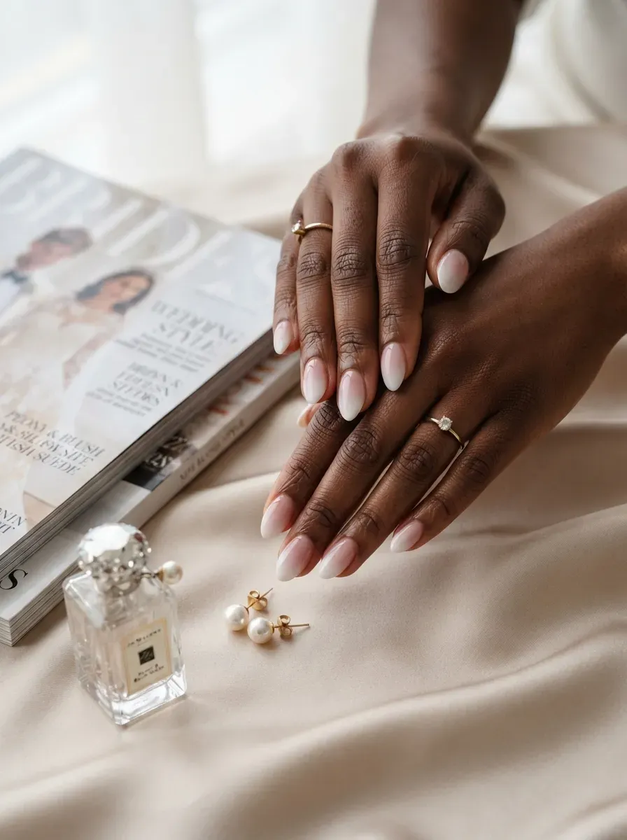 Soft pink to white French ombré nails on medium almond shape and chestnut skin
