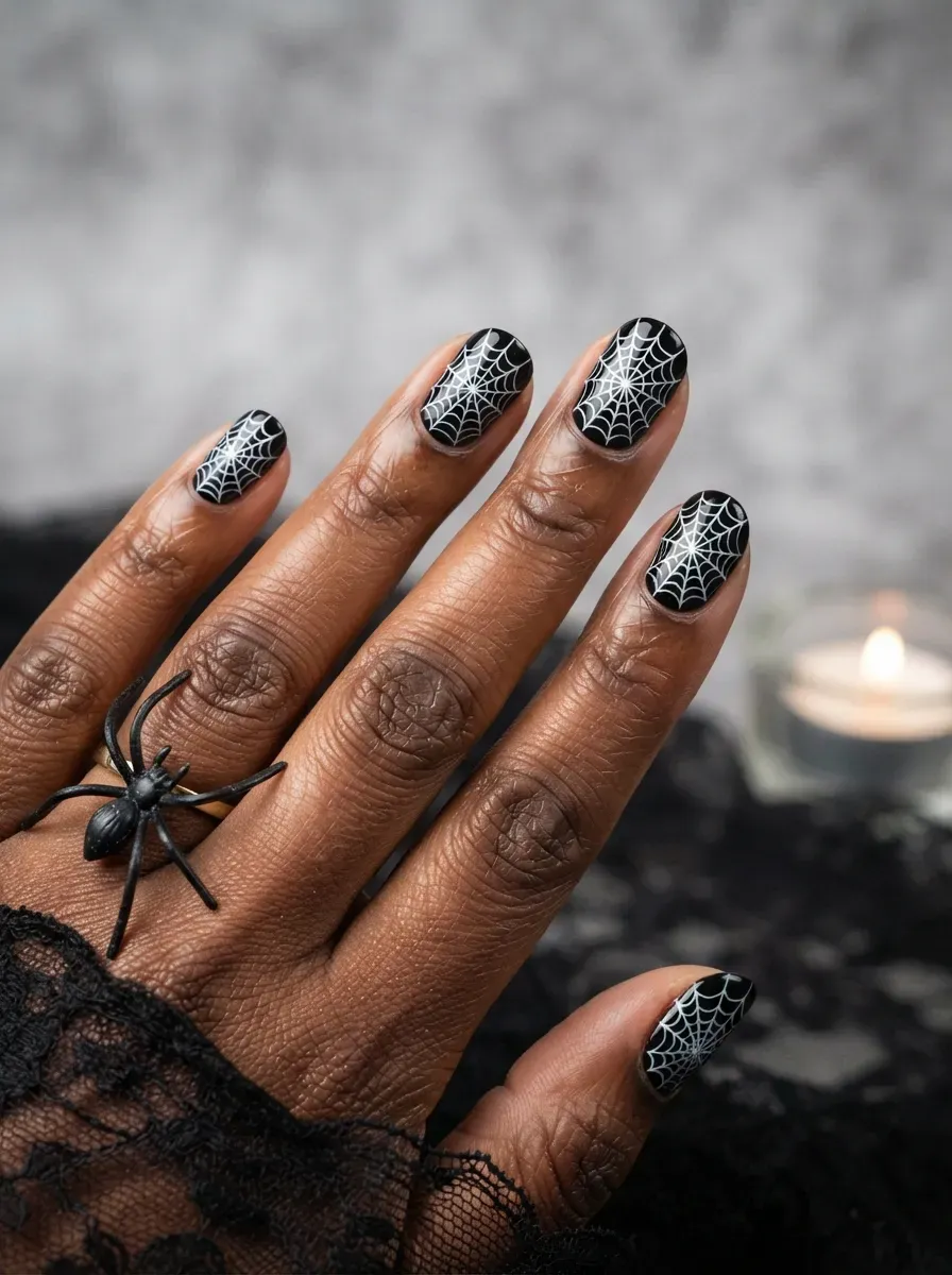 Nails fully covered in fine white spiderweb linework over a black base on deep brown skin