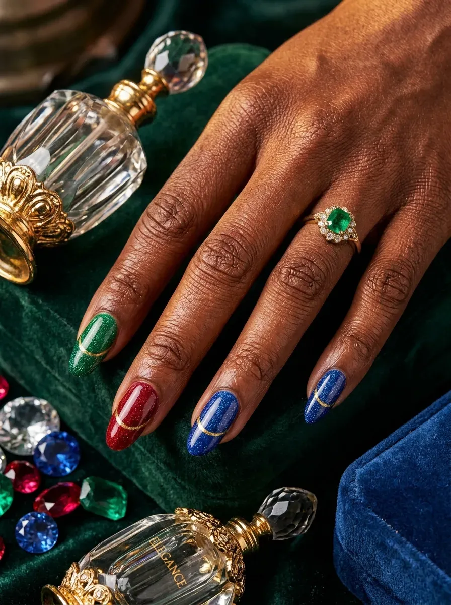 Jewel tone gemstone French tips on almond nails over rich dark skin