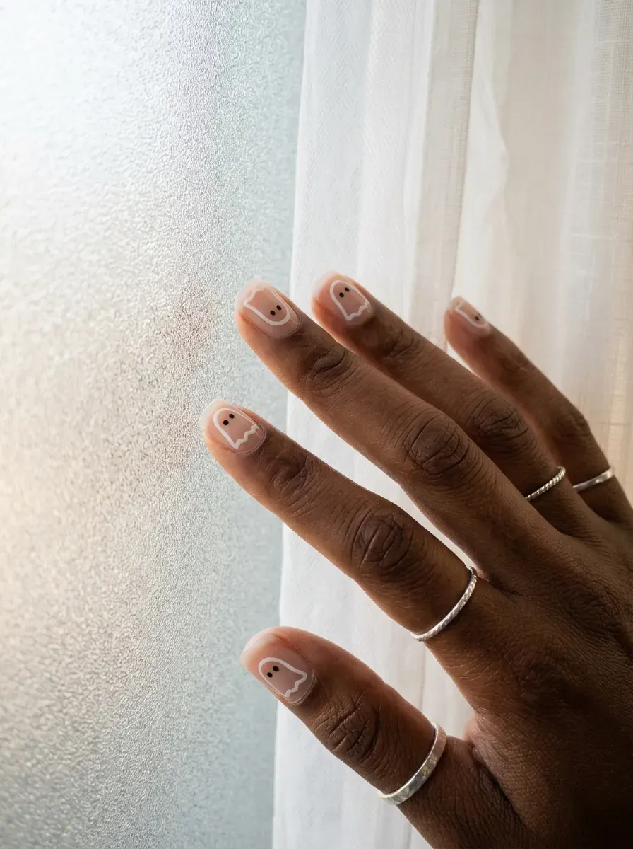 Negative space nails with matte white ghost outlines on clear nail bed