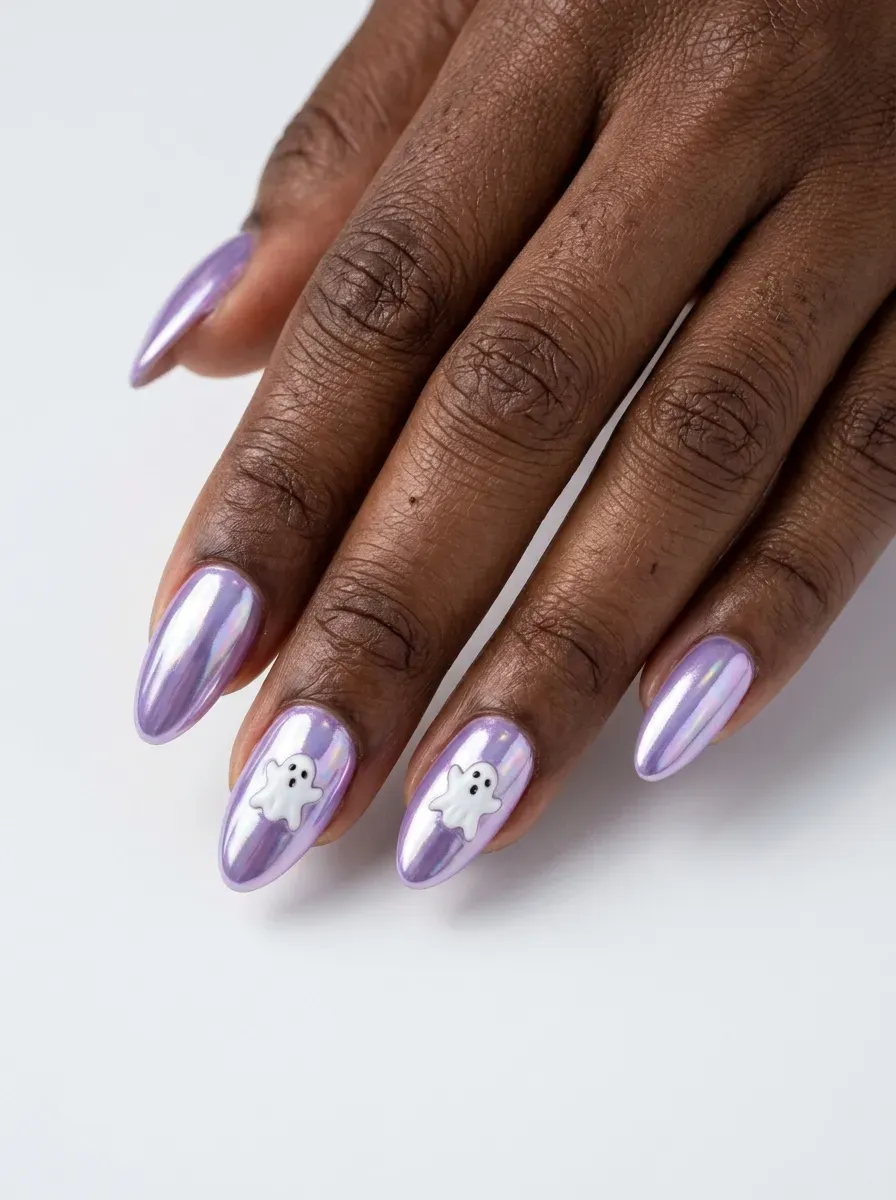 Medium almond nails with lavender chrome finish and tiny ghost details