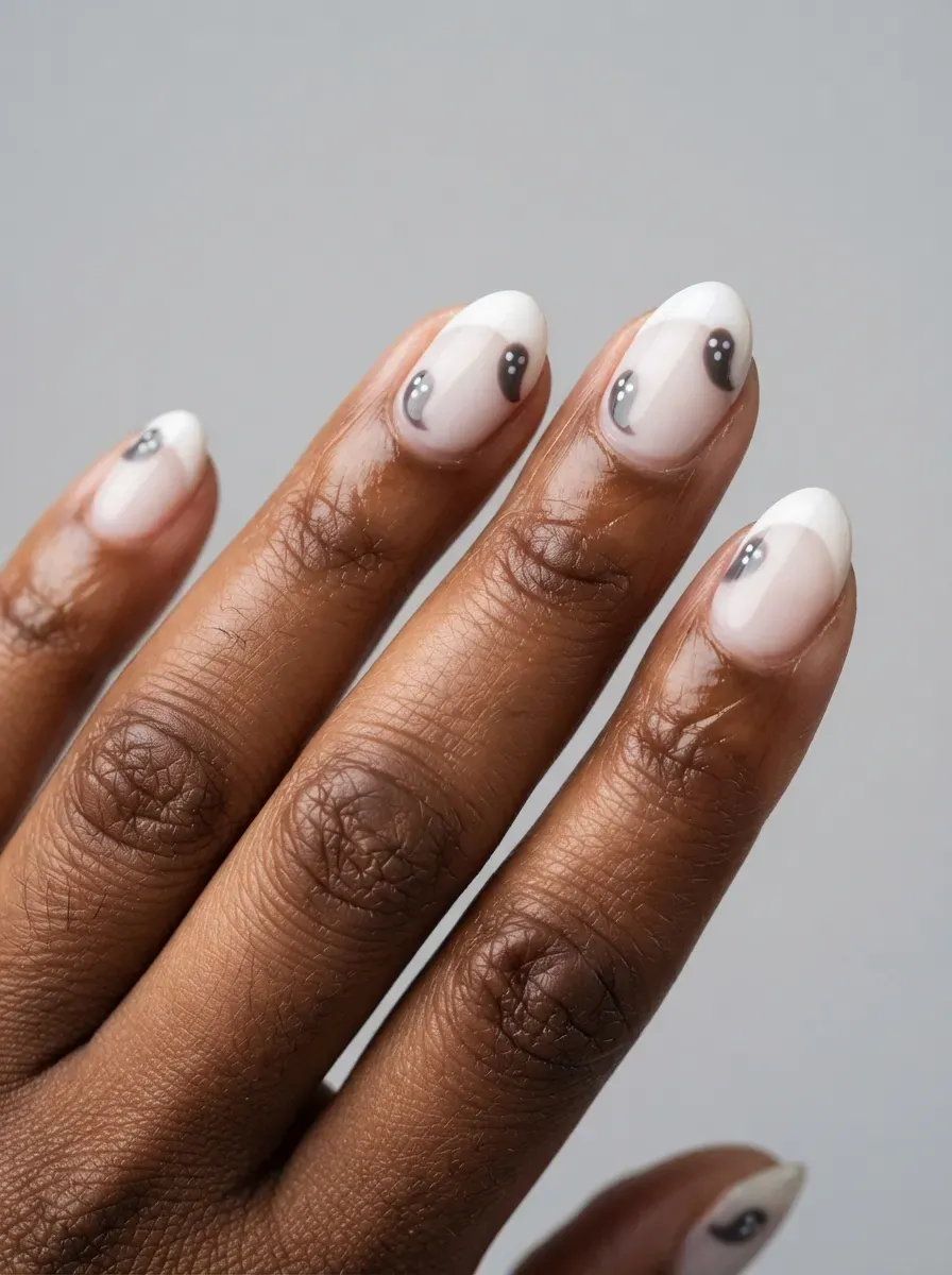 Short almond nails with white ghostly French tips on deep brown skin