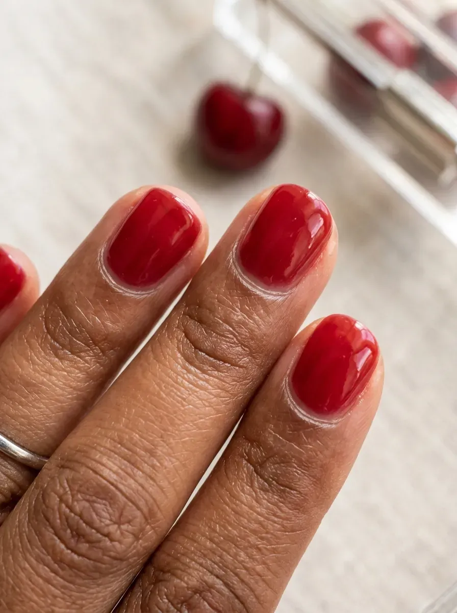 Short rounded nails with translucent cherry jelly polish on warm brown skin