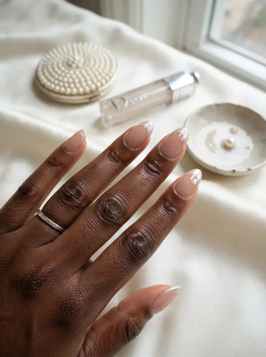 Glazed deep French tips with pearly shine on almond nude nails