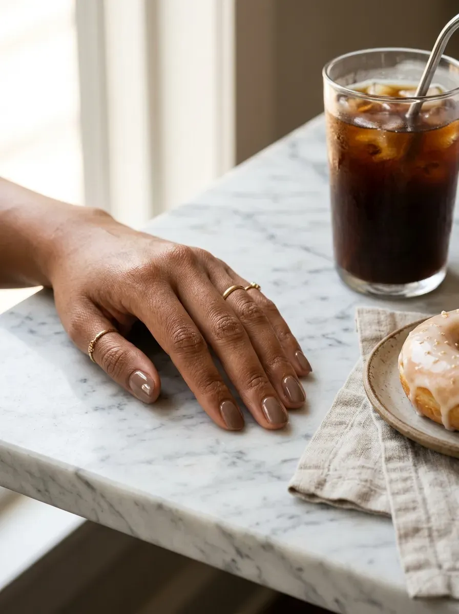 Close-up of glazed donut chrome nail polish on warm brown skin catching soft light