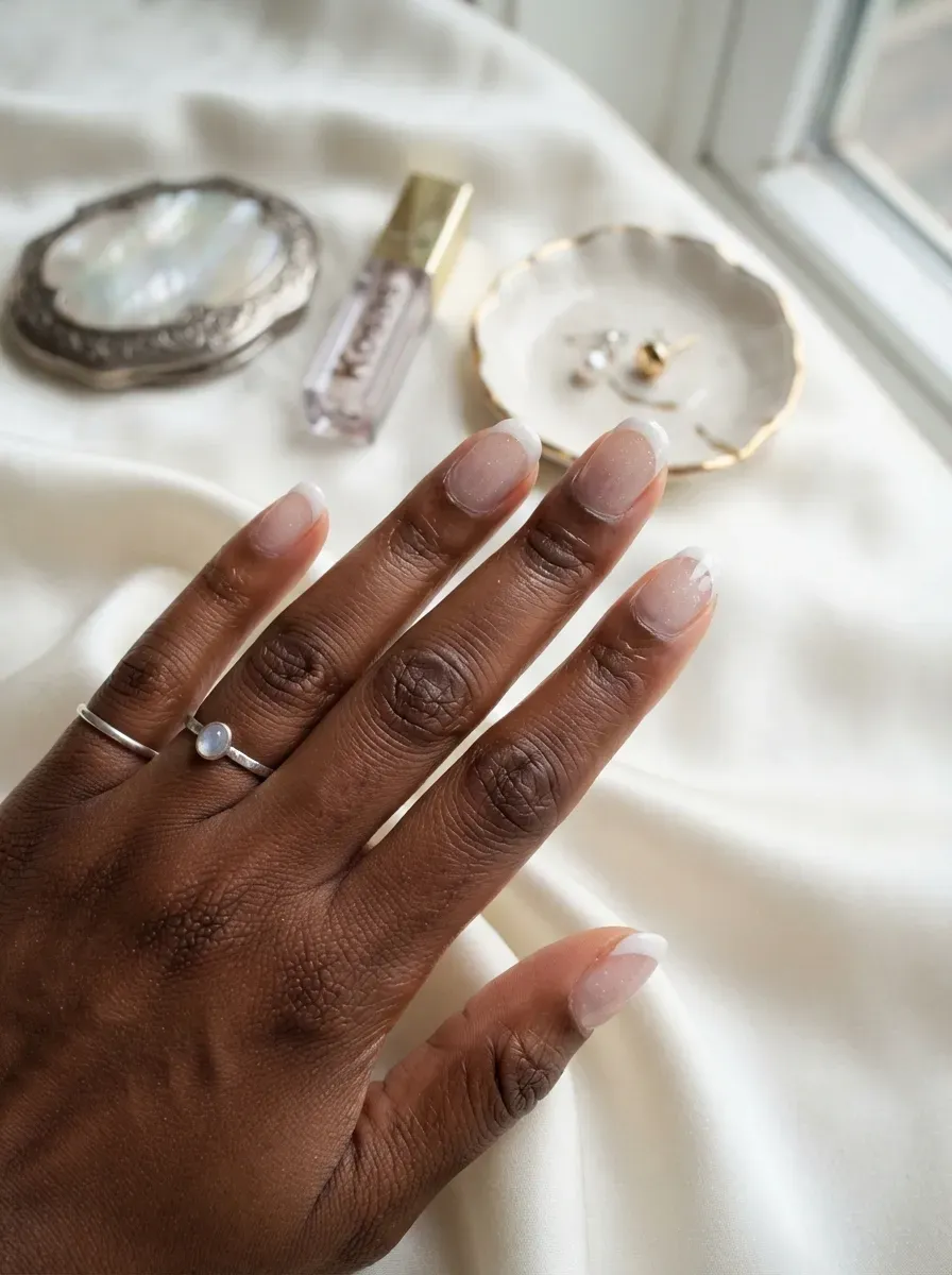 Glazed translucent French tips with soft pearly shine on deep brown skin