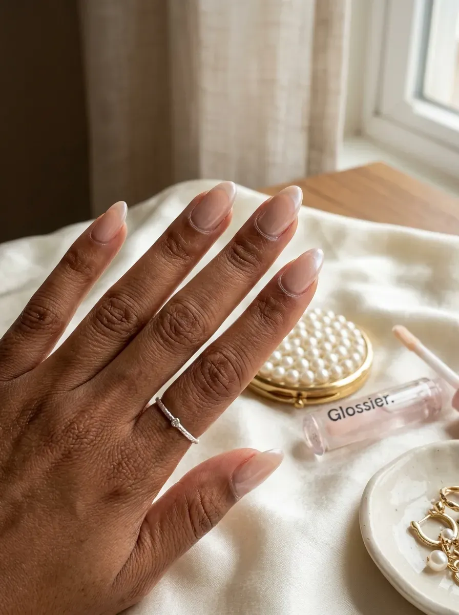 Glazed nude almond nails with subtle pearly French tip reflection