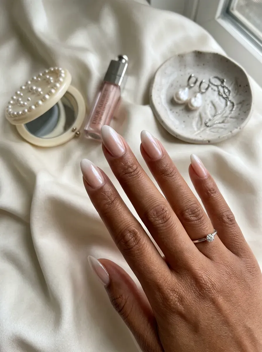 Glazed French ombré with pearly fade on nude almond nails