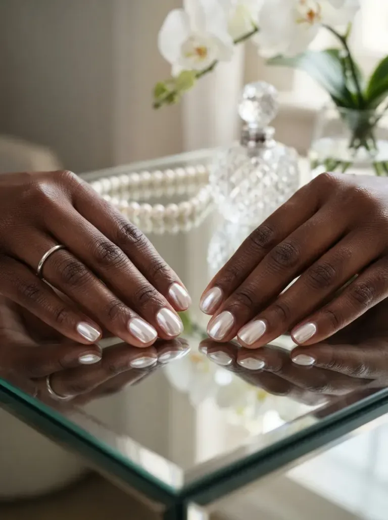 Short rounded nails finished with luminous pearl chrome on rich dark skin