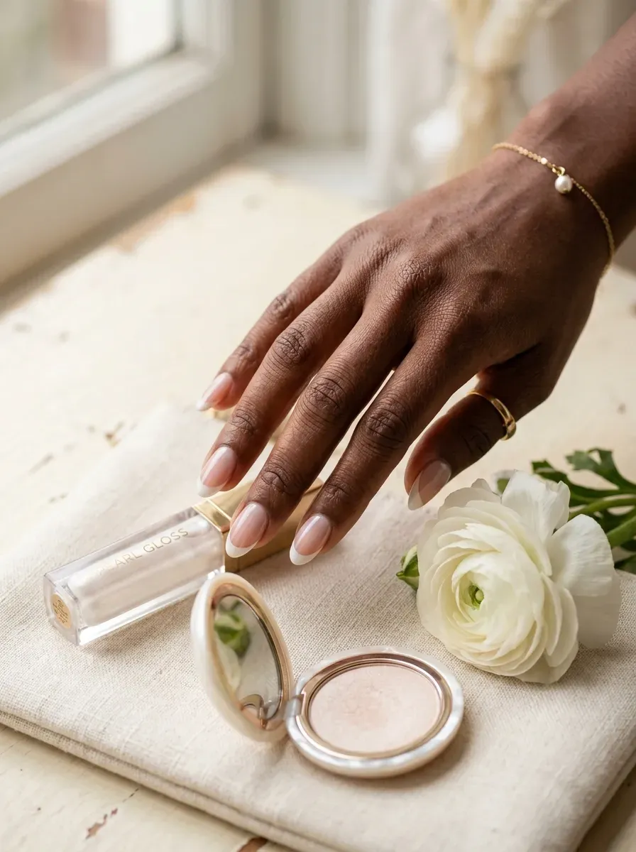 Glazed white French tips with soft pearly shine on almond nails