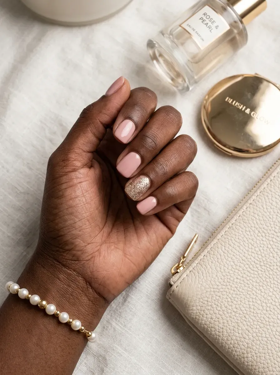 Short pink nails with one fine glitter accent nail on deep skin
