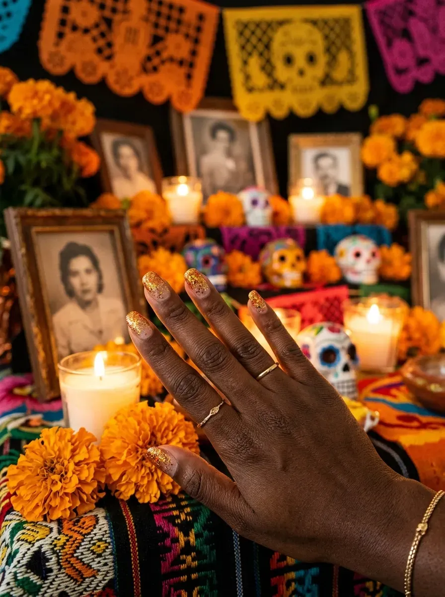 Nails with layered gold and orange glitter resembling candlelight and marigolds on an ofrenda on rich dark skin tone