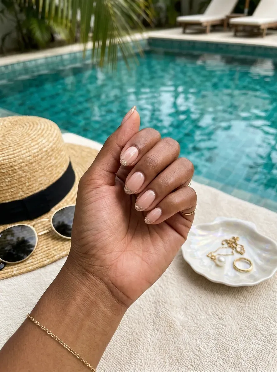 Nude nails with fine champagne glitter French tips beside pool water