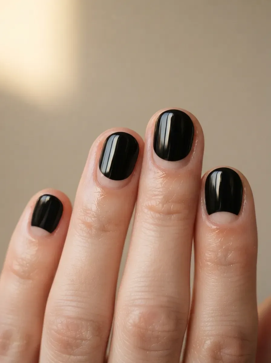Short rounded nails with glossy black half moon Halloween manicure