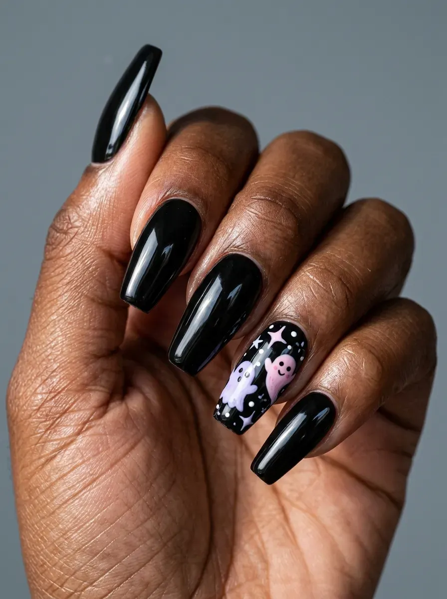 Medium coffin nails with glossy black polish and pastel ghost accents
