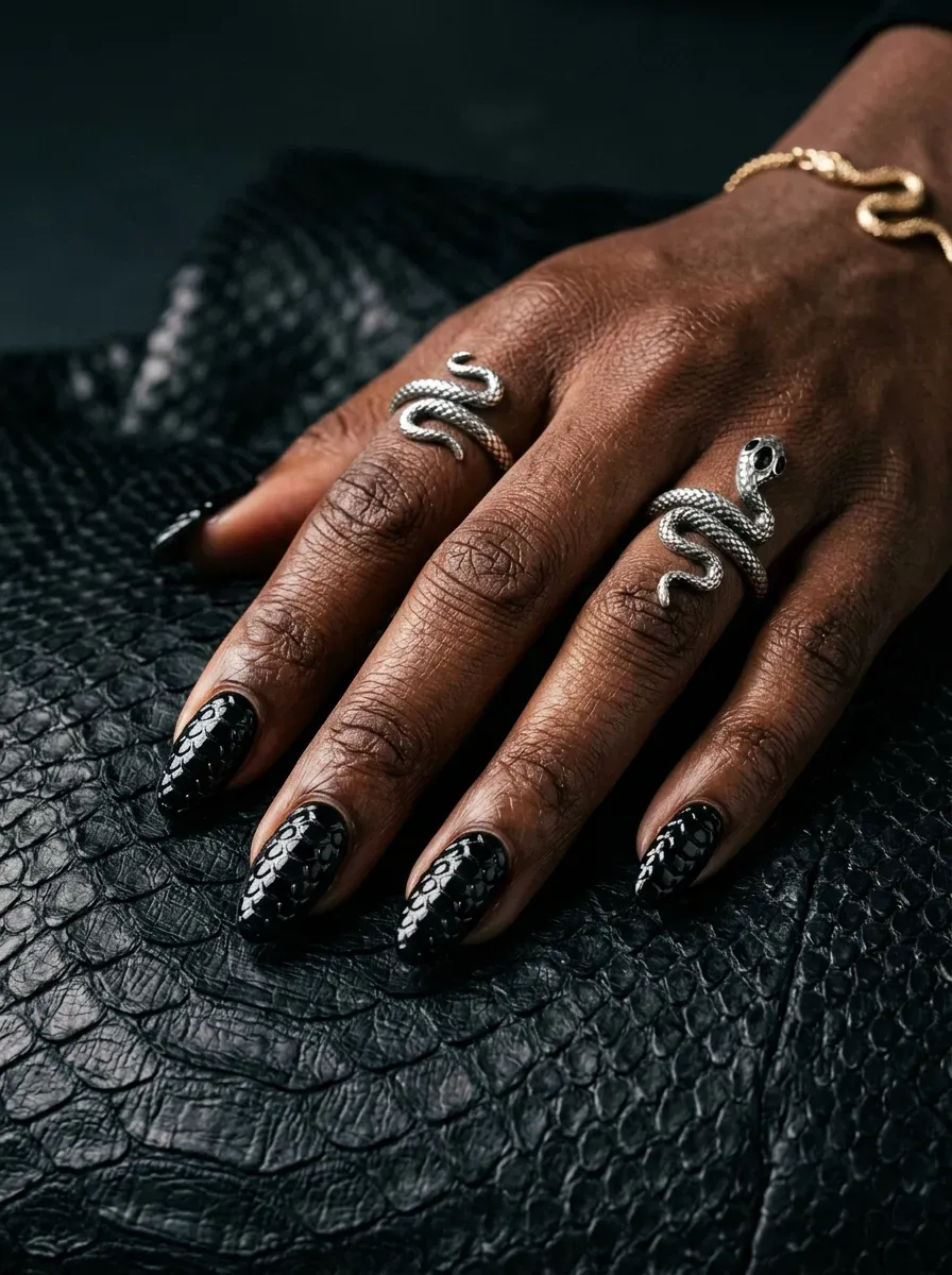 Jet black nails featuring raised 3D glossy reptile scale texture