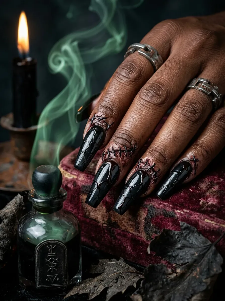 Glossy black coffin nails with witch inspired Halloween styling
