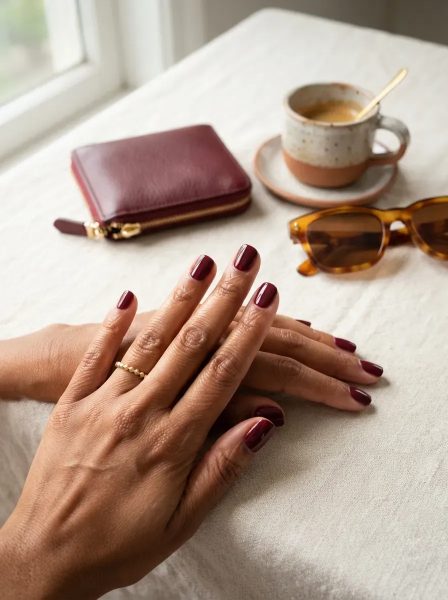 Short glossy burgundy nails on warm brown skin with early fall accessories