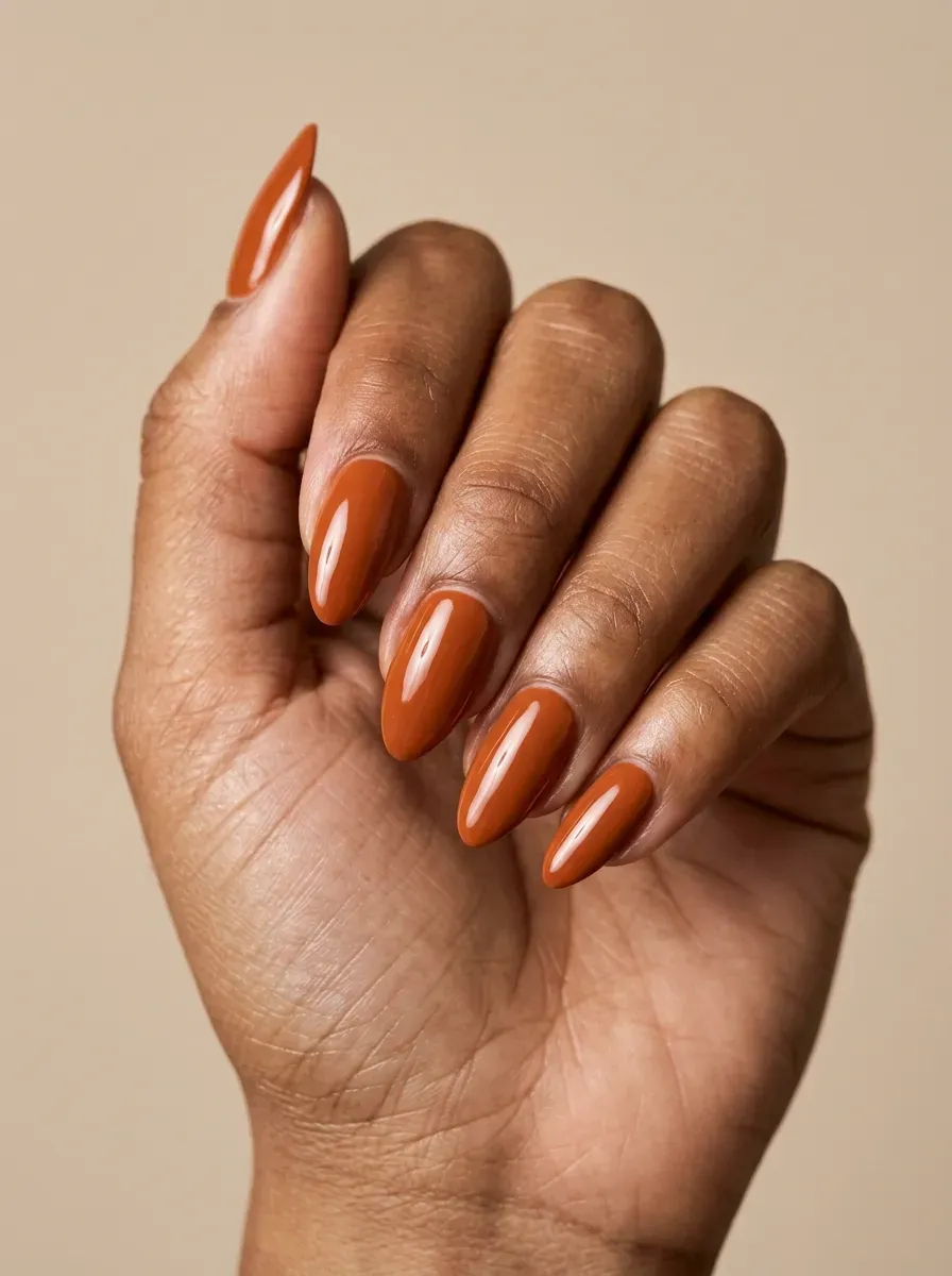Glossy burnt orange almond nails with an even rich autumn finish
