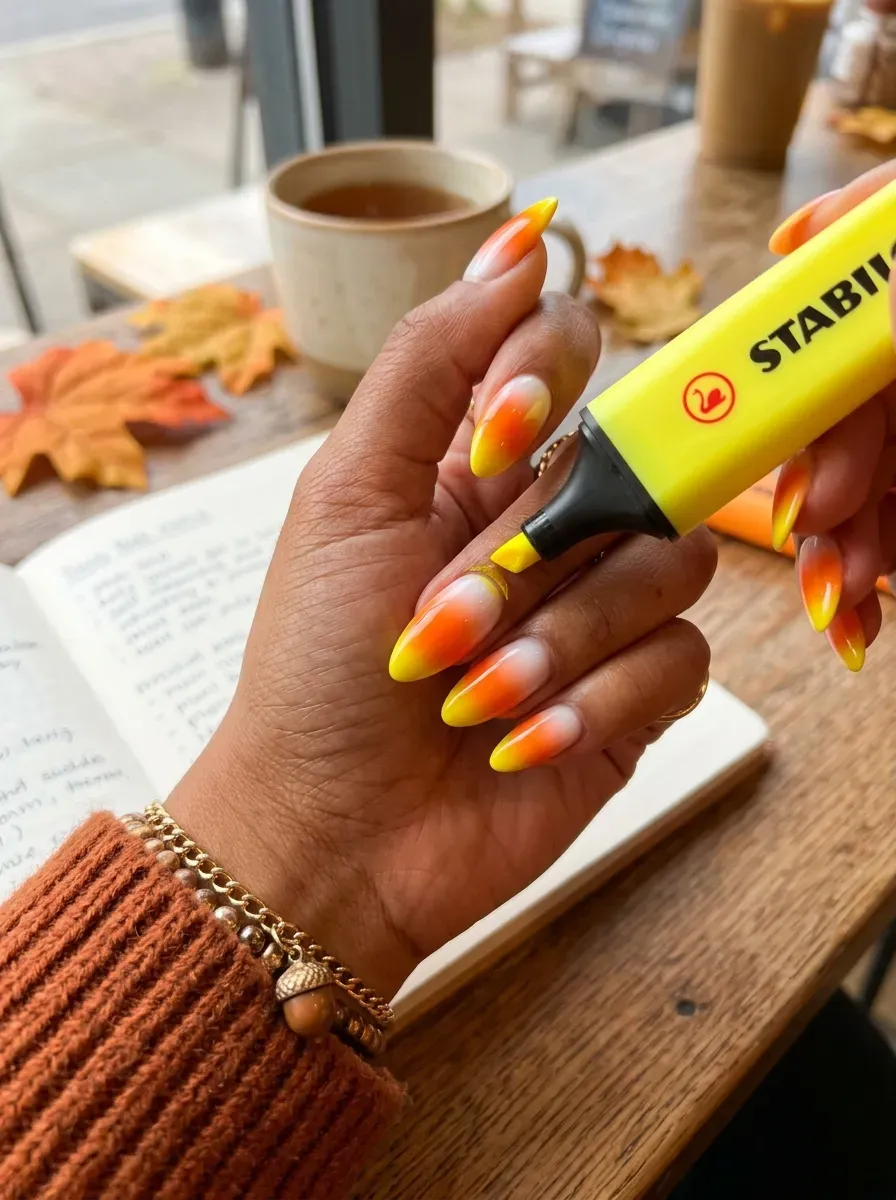 Gradient transition from white to orange to yellow on almond nails
