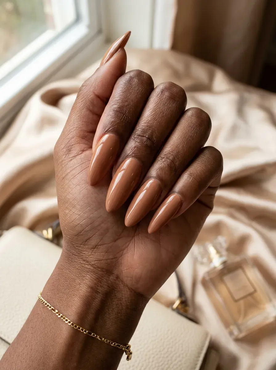 Long caramel nude almond nails on deep brown skin with gold jewelry