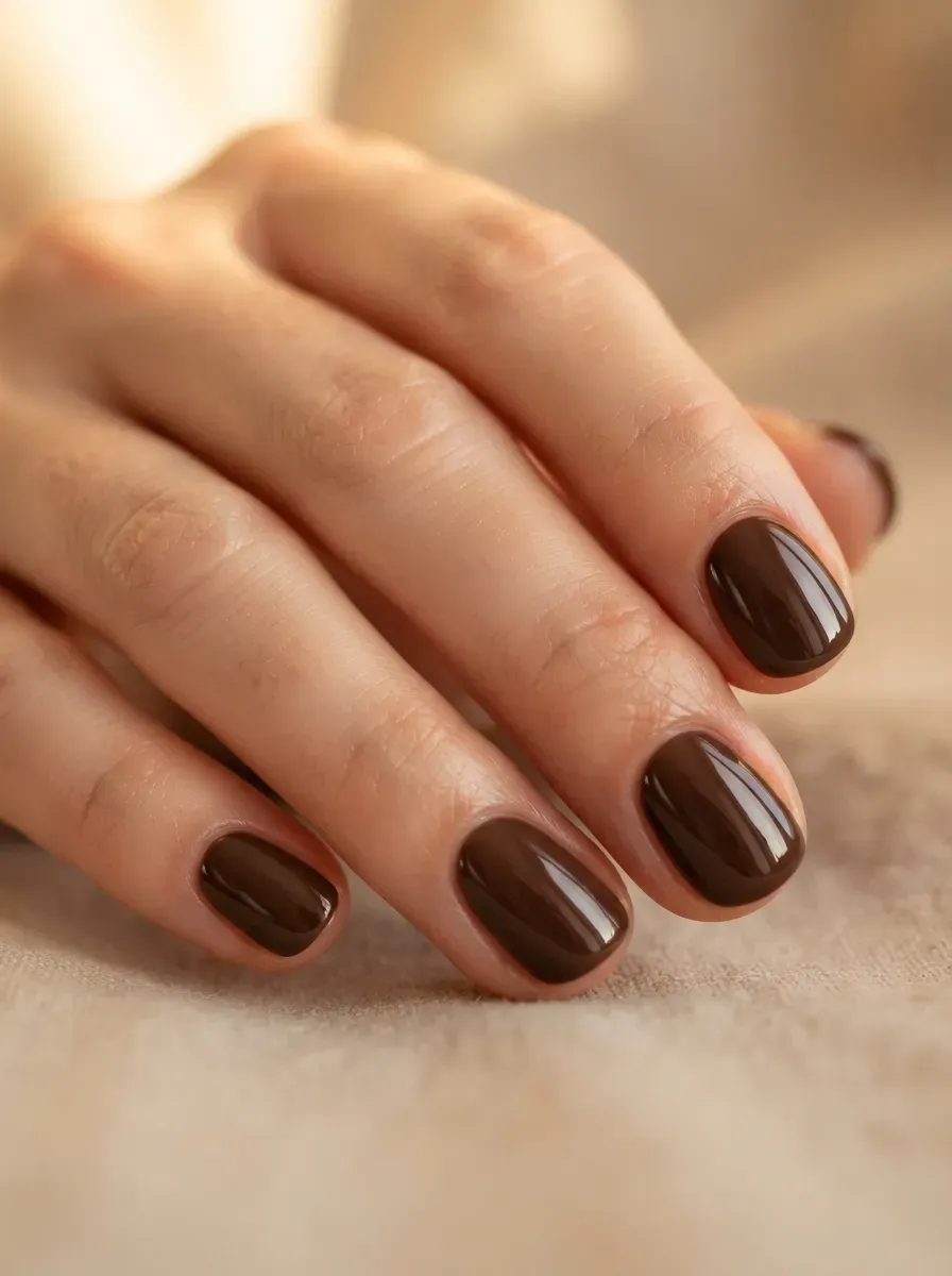 Short glossy chocolate brown nails with rich autumn Halloween finish