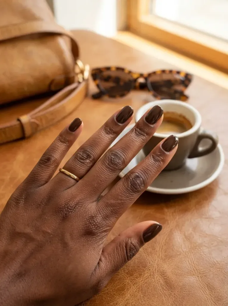 Glossy chocolate brown oval nails on deep brown skin with gold jewelry