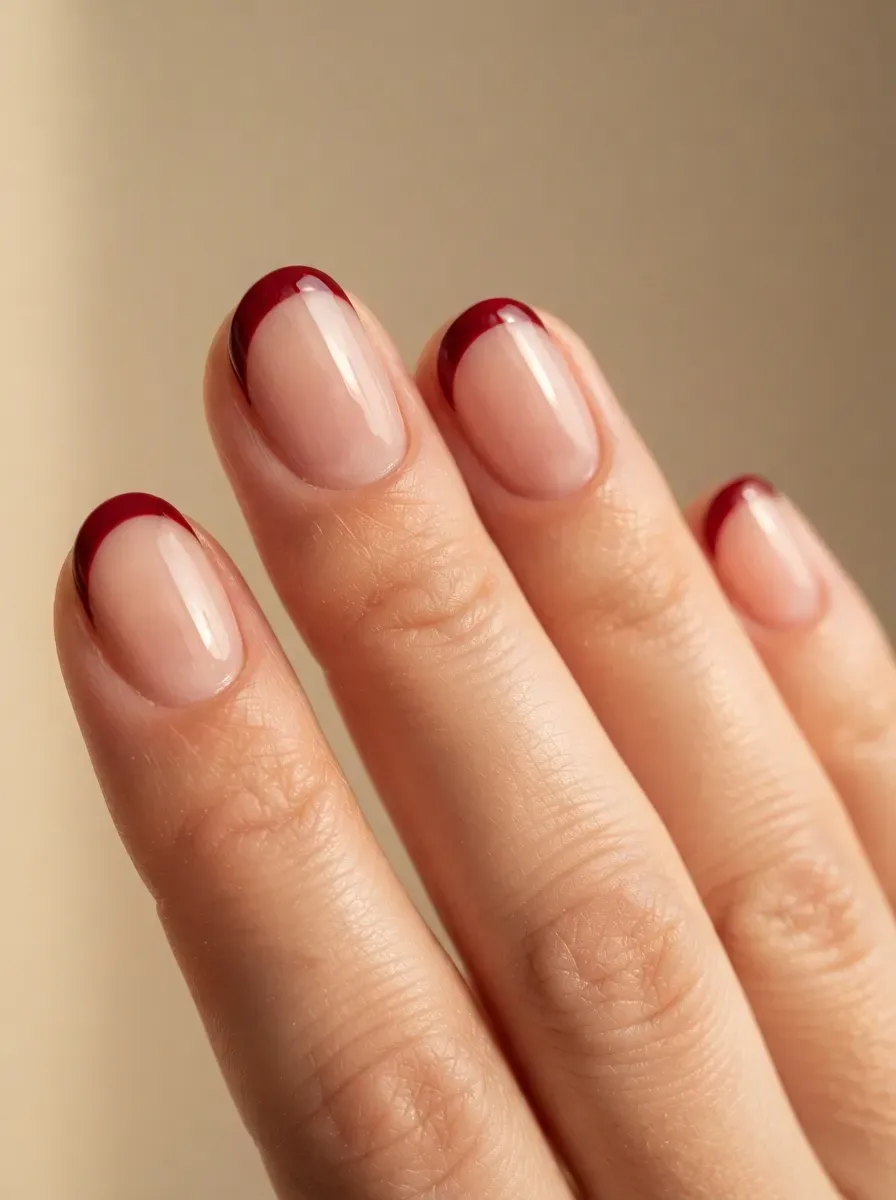 Short nails with deep red micro French tips and glossy Halloween finish