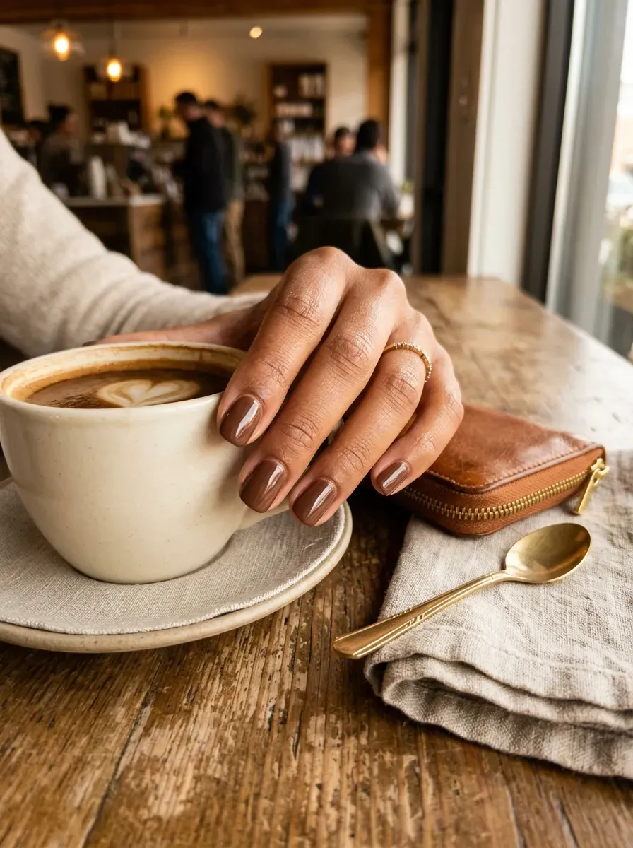 Short squoval nails covered in smooth glossy mocha brown polish