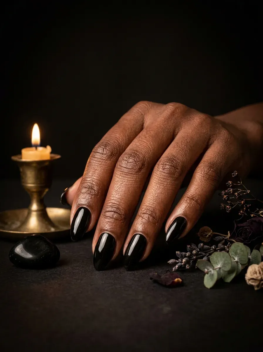 Nails in a deep glossy obsidian black finish on deep brown skin