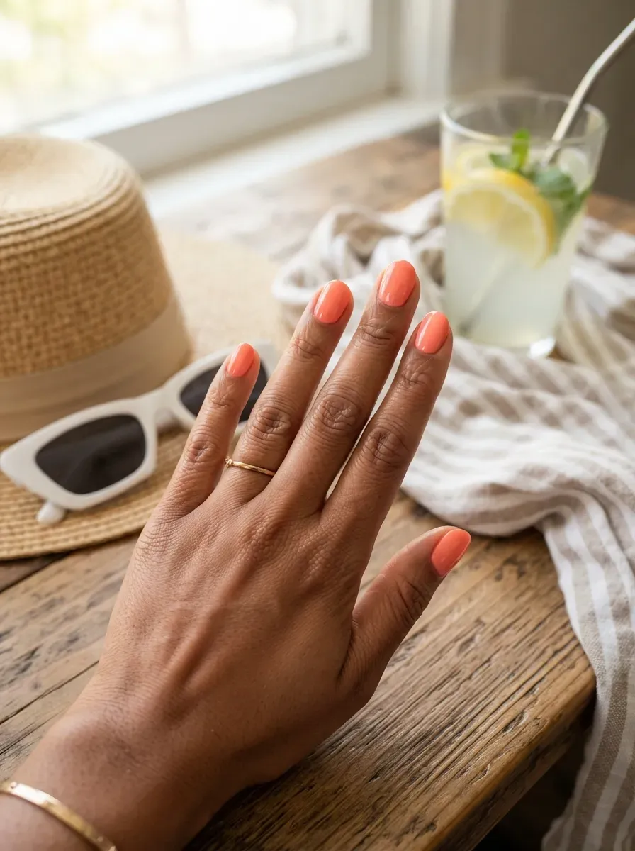 Short oval nails painted glossy peach coral on warm brown skin